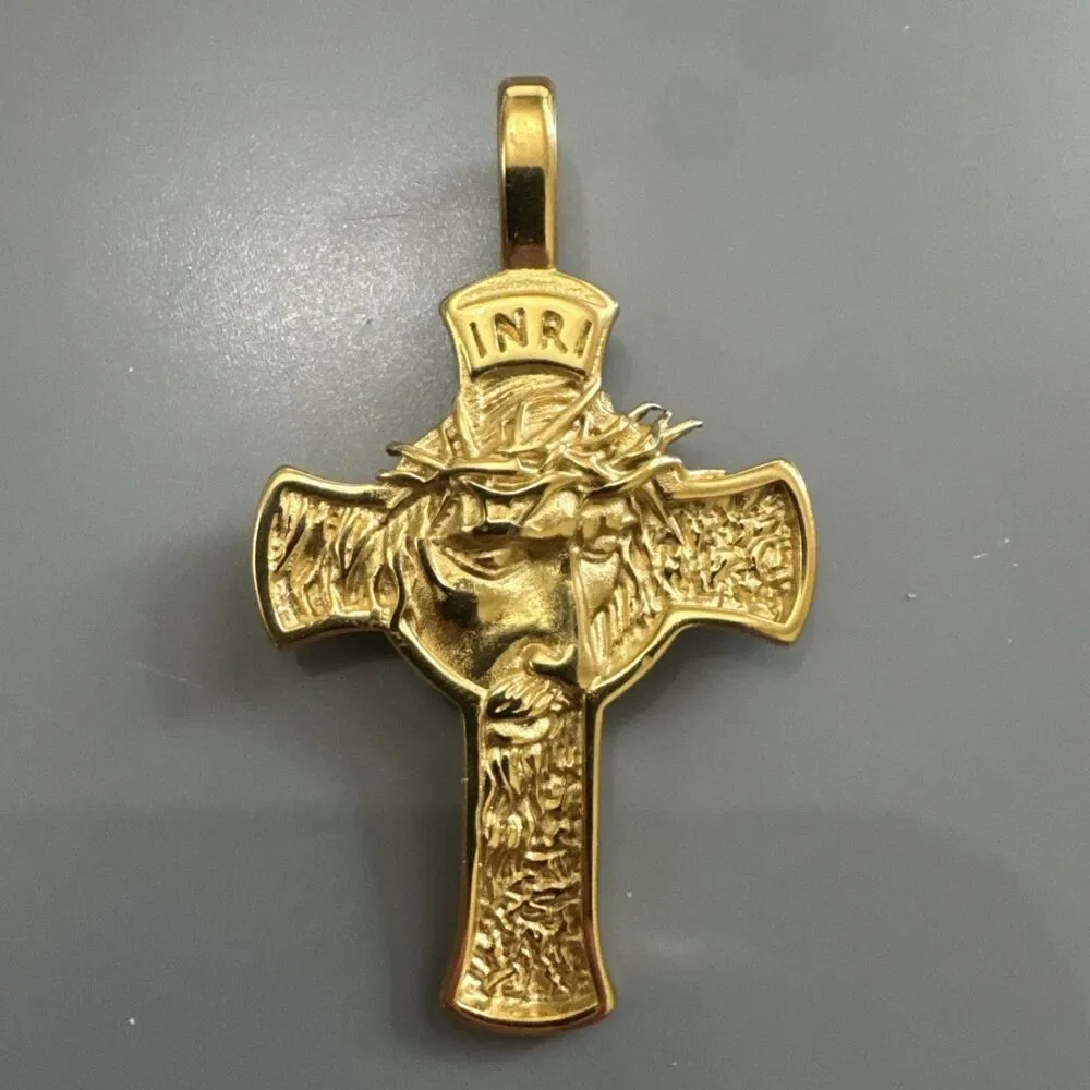 Gold Tone Jesus Christ Cross Pendant 24 Inch Chain Stainless Steel “inri” Gift